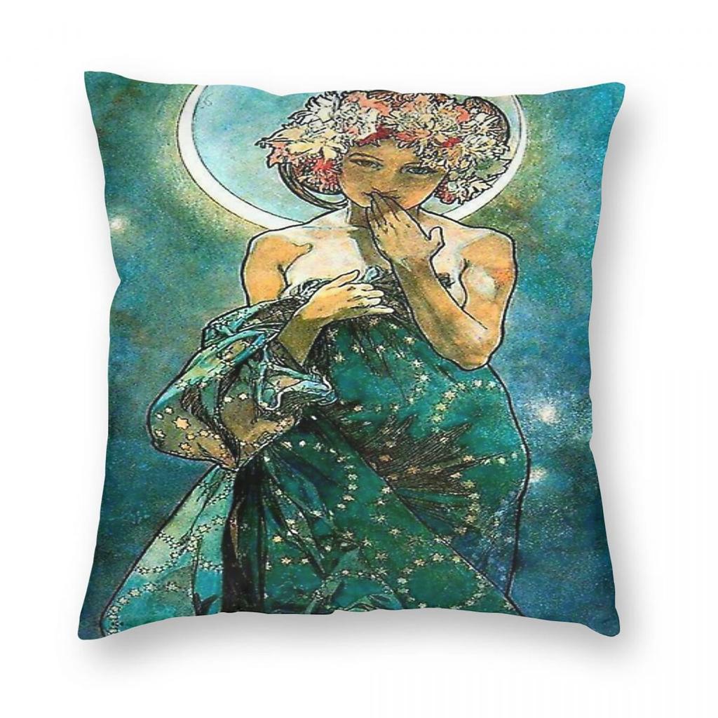 Alphonse Mucha Moonlight Square Pillowcase Polyester Linen Velvet Pattern Zip Decor Sofa Seater Cushion Cover 45X45