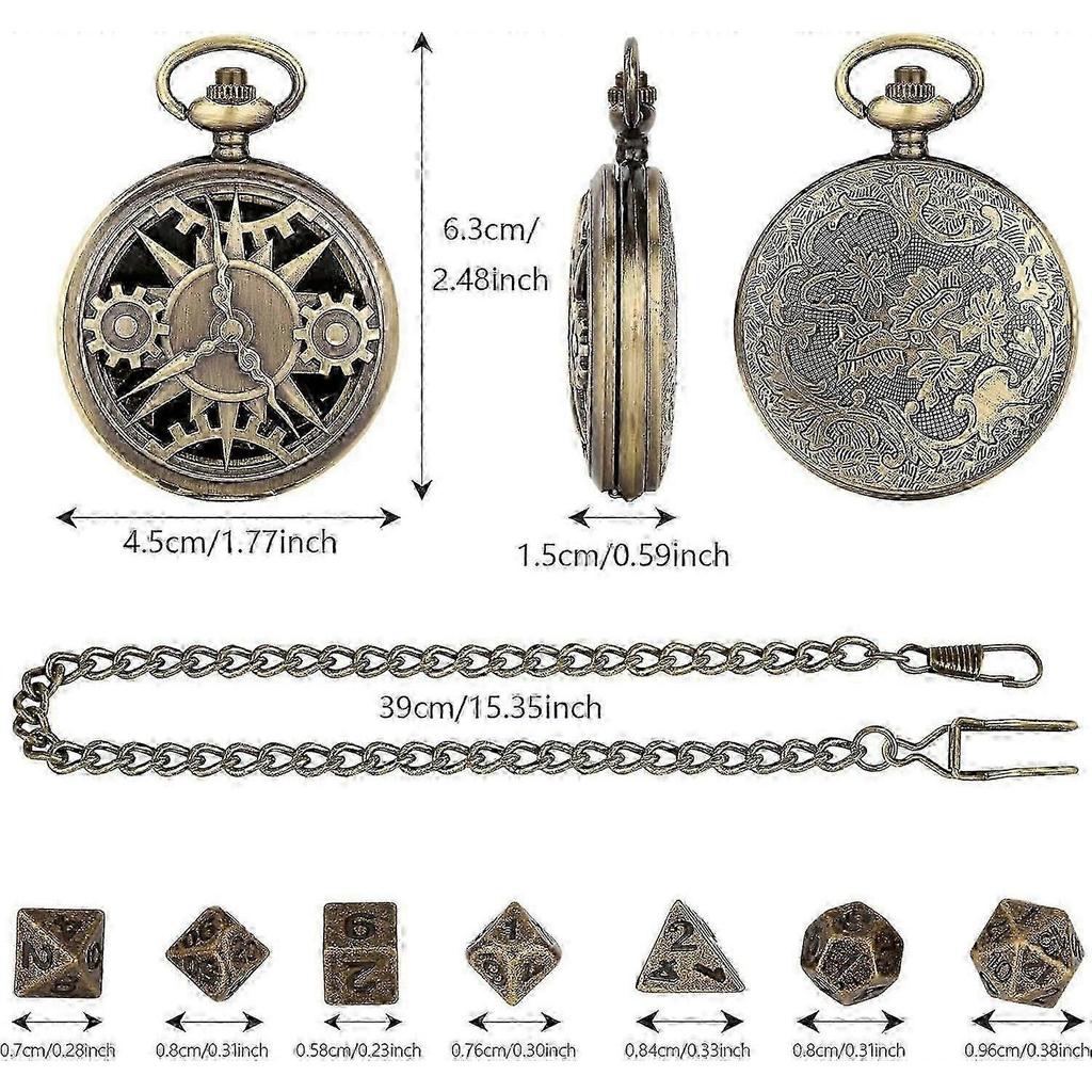 Mini DND Dice Set with Steampunk Bronze Hollow Case for Pocket Watch, 7Pcs Polyhedral Metal Dice Set, Dungeons and Dragons Gifts