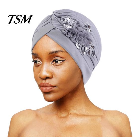 Winter Hat Women Good Stretch Wind-proof Tear-resistant Anti-shrink Brimless Warm Sequin Trim Flower All Match Turban Fashion Accessory Lady Beanie