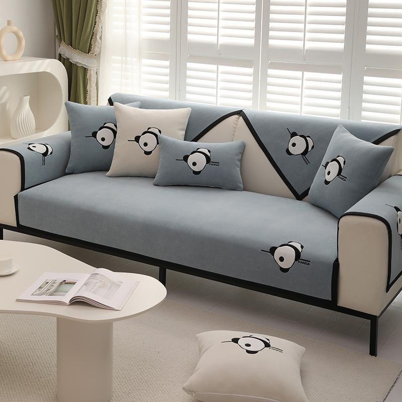 Panda Embroidered Sofa Cushion Chenier Four-Season Universal Non-Slip Sofa Cover, High-Grade Seat Cushion Leather Sofa Back Towel
