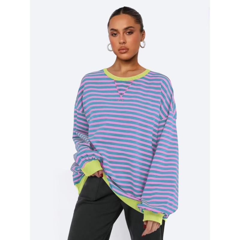 Женская толстовка с круглым вырезом в полоску, свободный топ с рукавами-фонариками