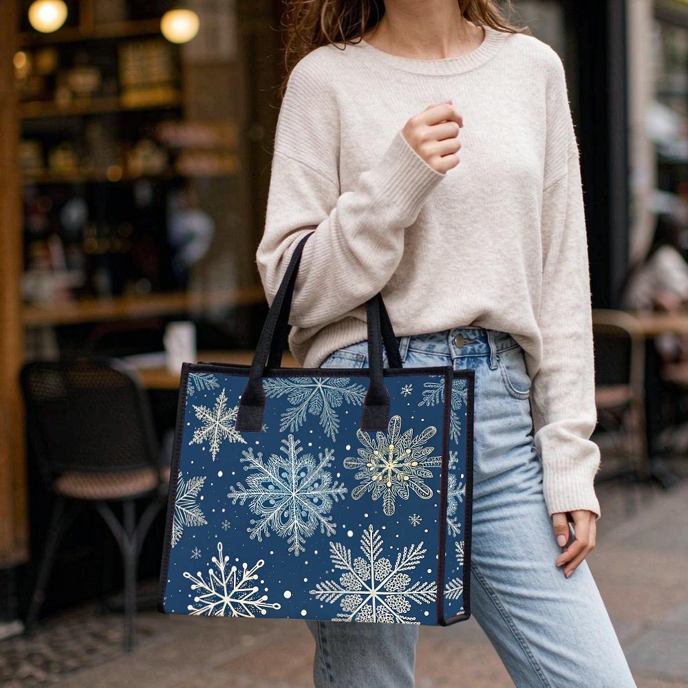 Winter Snowflake Printed Tote Bag Fashion Daily Casual Portable Shopping Handbag