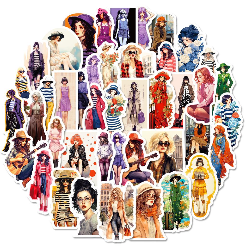 50 Retro Posters, Wind and Flower Season Girl Stickers, Travel Suitcase Notebook Stickers