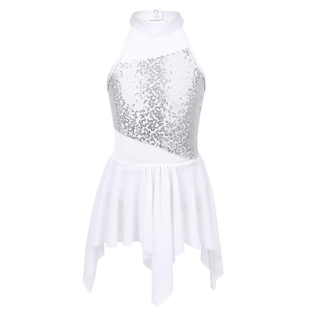 Kids Girls Sleeveless Shiny Sequins Asymmetrical Hem Ballerina Lyrical Modern Dance Leotard Dress