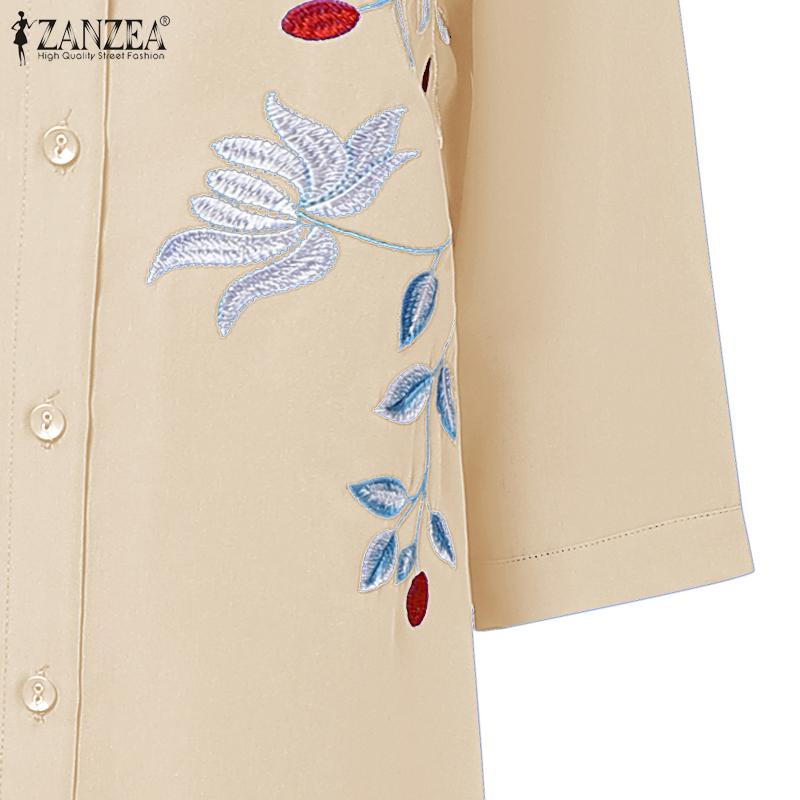 ZANZEA Женское повседневное платье-рубашка свободного кроя с рукавами 3/4 и отложным воротником, с вышивкой