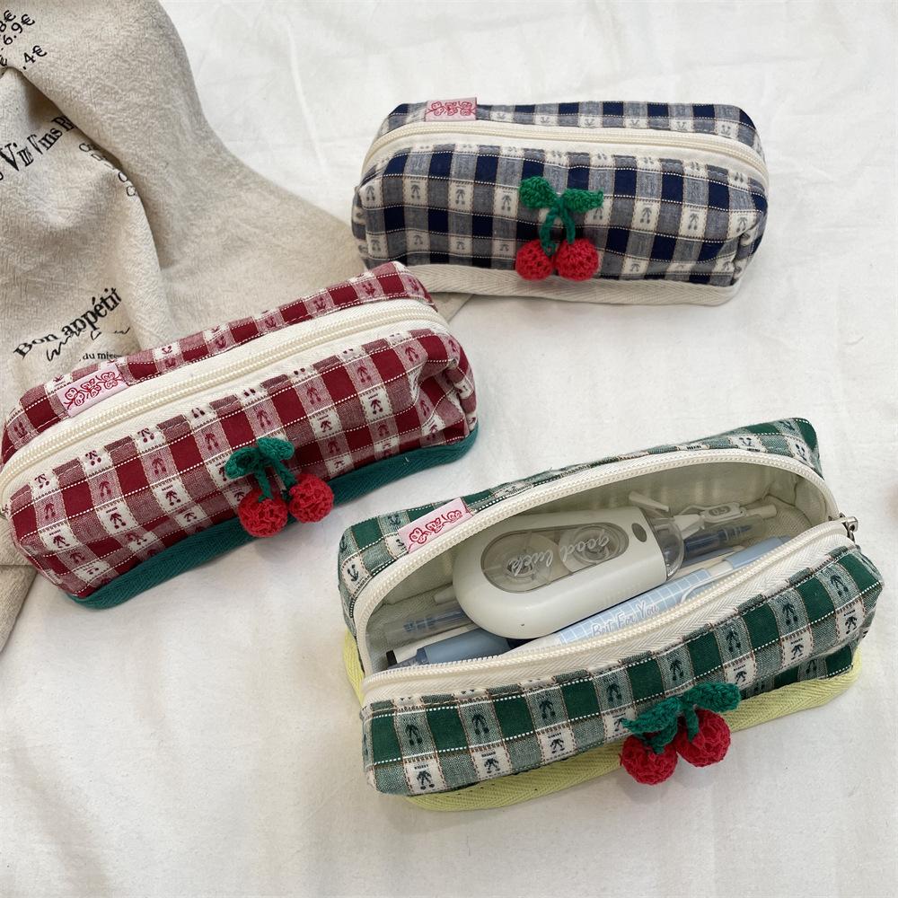 Cherry Plaid Storage Bag Large Capacity Multifunctional Makeup Bag Large Capacity Pen Bag Brand New For Makeup Travel Office