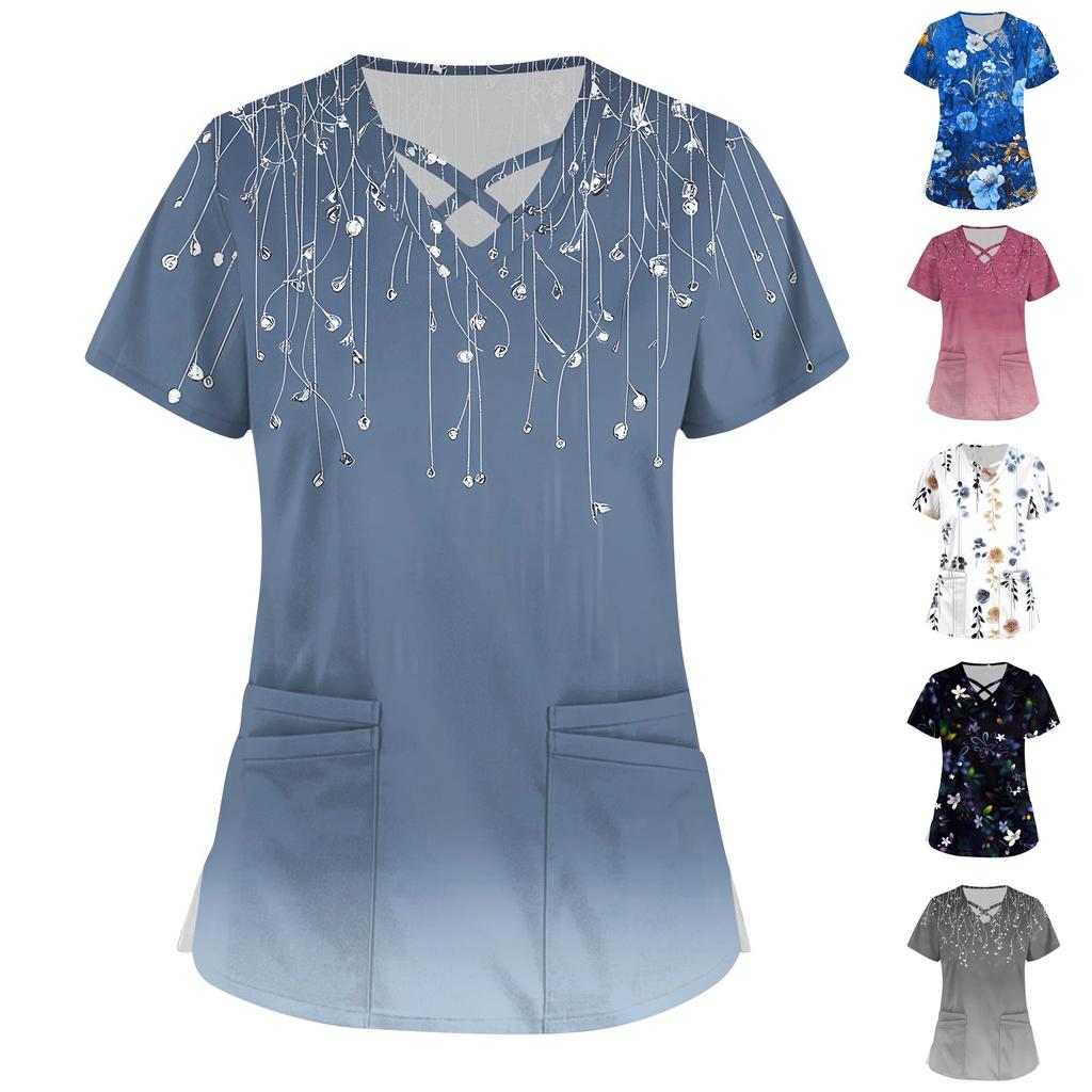 Women's Short Sleeve Stagger V Neck Print Pocket Dry-nurse Top