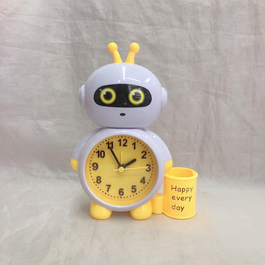 Cute Children's Small Alarm Clock Robot Desktop with Pen Holder Children's Bedside Wake Up Cartoon Small Alarm Clock Student