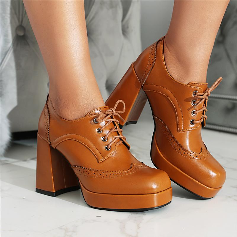 ANNYMOLI/женские туфли-лодочки с круглым носком на платформе, на толстом высоком каблуке, на шнуровке, в сдержанном стиле, женская модная обувь, весна-осень, бордовый, коричневый, 43