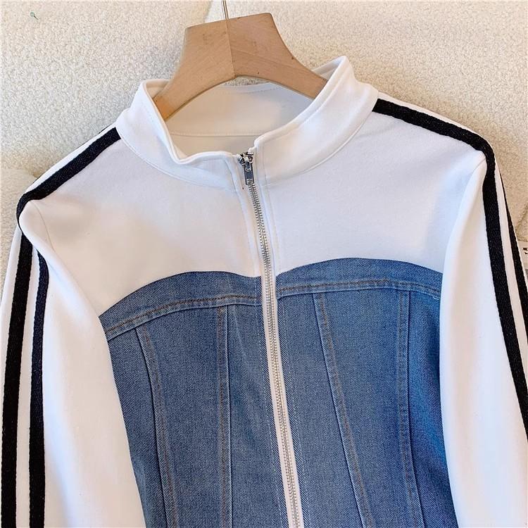 Женский комплект из двух предметов, джинсовая вставка, молния, подходящие комплекты, повседневные пальто, широкие длинные брюки, шнуровка, эластичная талия