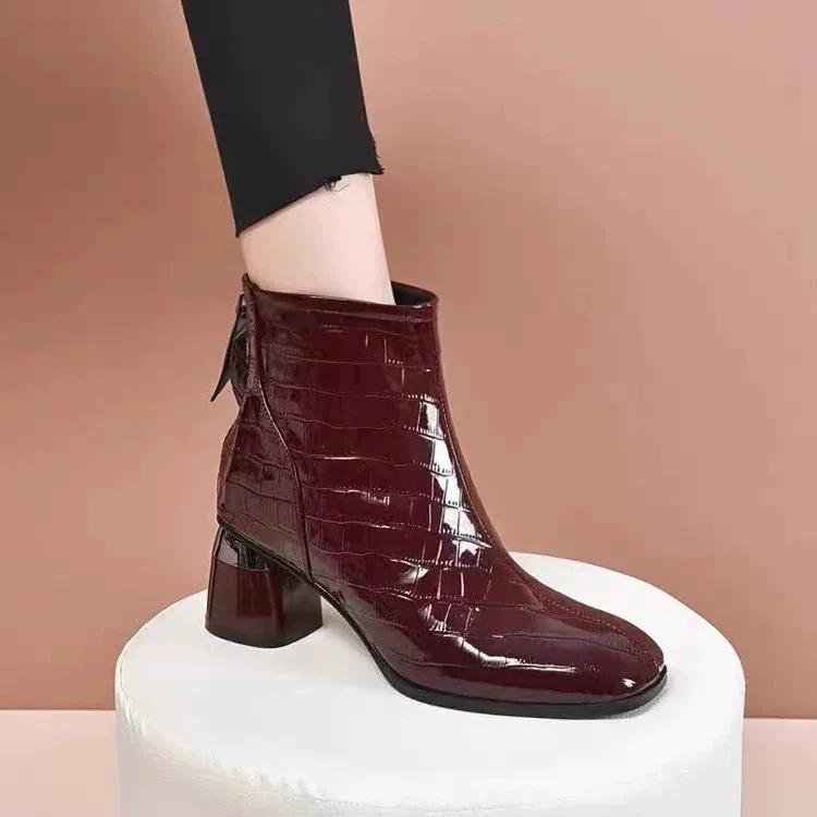 Женские ботинки женские милые с круглым носком высокое качество винно-красные с задней молнией на высоком каблуке осенние ботинки женские крутые черные туфли ab715