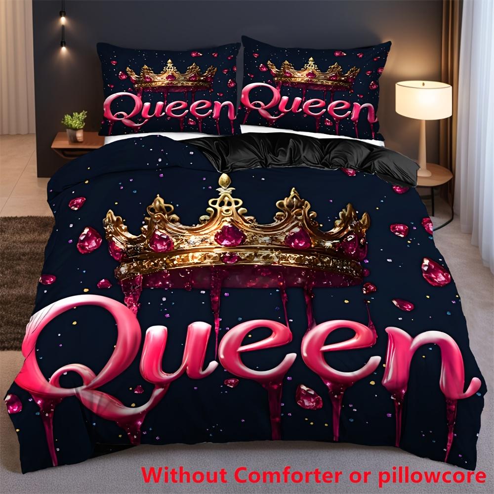 2/3Pcs Queen-Themed 3D Crown Pattern Duvet Cover Set (1 Duvet Cover + 1/2 Pillowcase, Without Core), Soft Digital Print, Fantasy