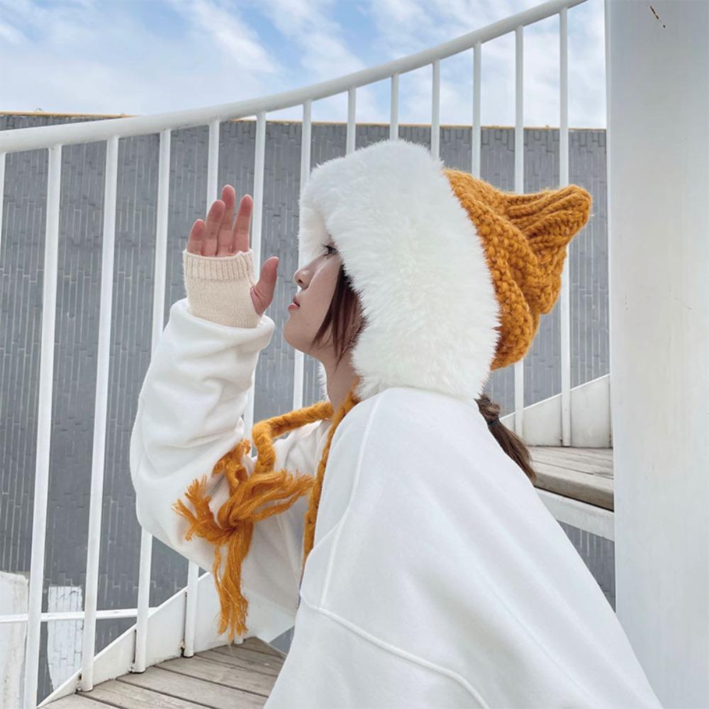 Ветрозащитная плюшевая шапка, вязаная шапка из искусственного меха, модная шапка с кошачьими ушками, для девочки