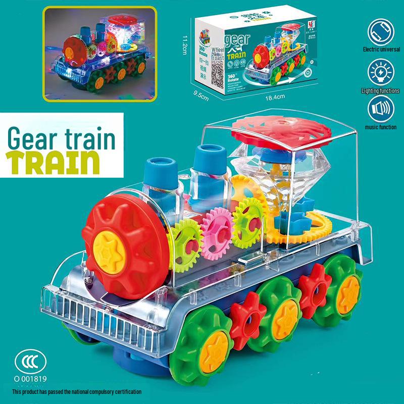 Transparent Musical Rotating Locomotive Toy with Universal Driving and Gear Linkage
