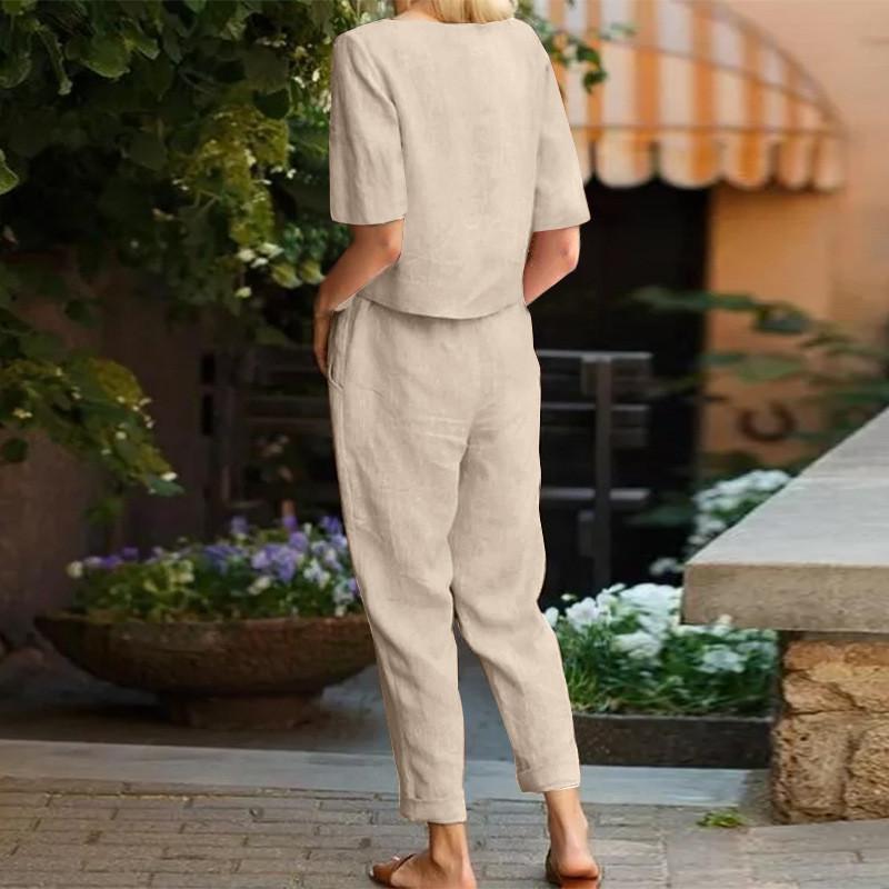 Summer Women Casual Linen Cotton Set With Short Sleeve Oneck Top And Wide Leg Pants For Comfortable Office Wear
