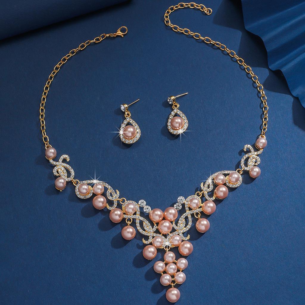 Fashion Temperament Pearl Flower Rhinestone Short Necklace Necklace Earrings Set Accessories