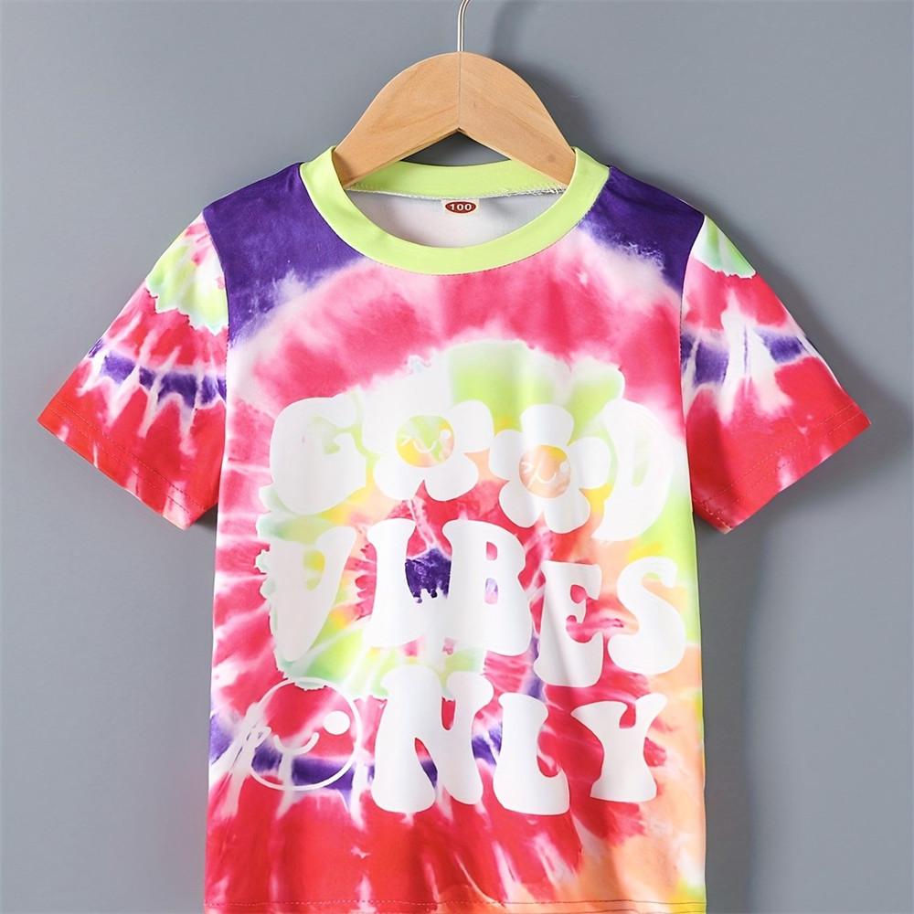 Футболка для девочек с принтом в стиле тай-дай и буквами, повседневная летняя одежда с коротким рукавом, футболка для мальчиков, детские футболки, топы для детей от 6 до 12 лет
