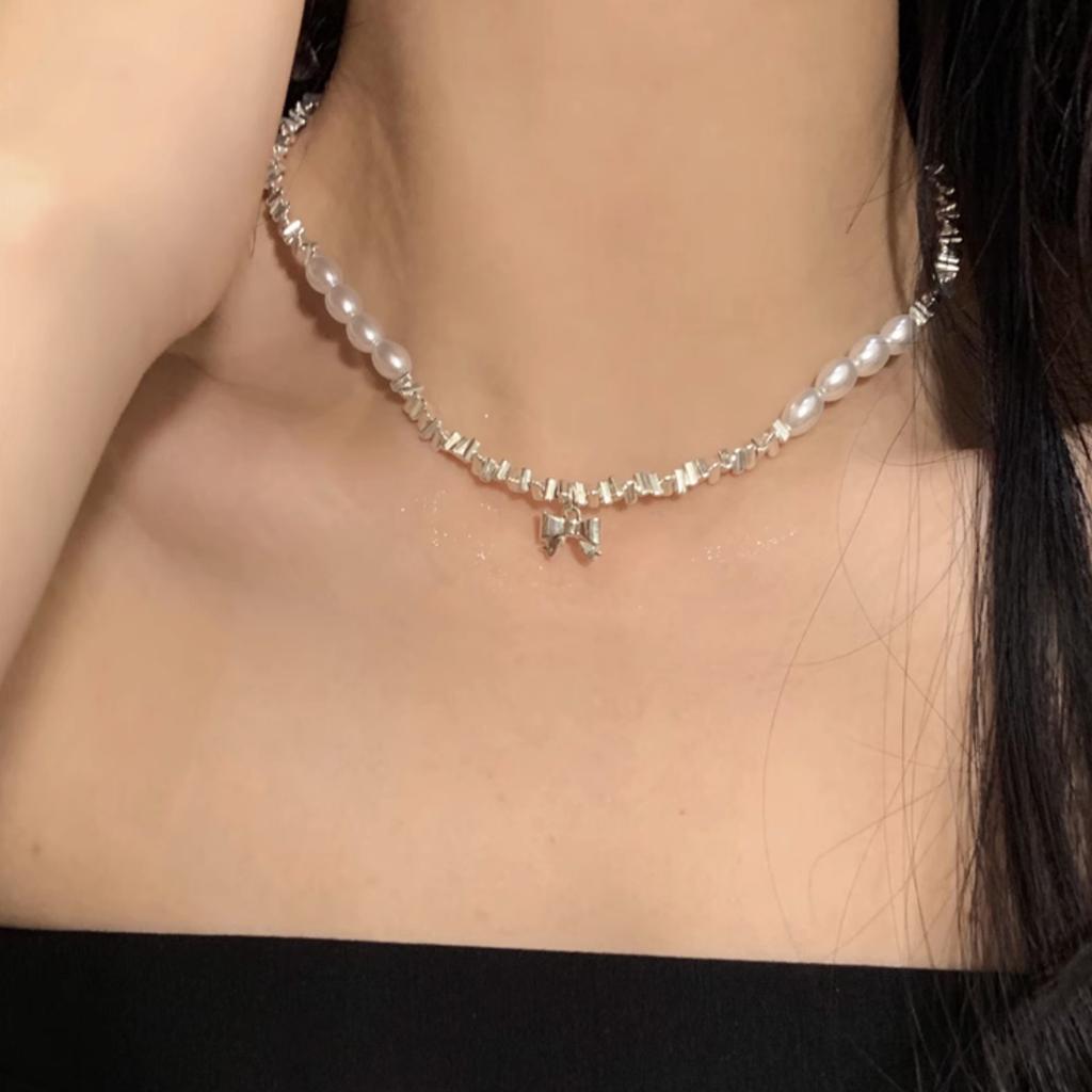 Ожерелье с жемчужным бантом, летнее, сломанное серебро, несколько таэлей, цепочка на ключицу, легкое, роскошное, нишевое, дизайн, высококачественное ожерелье