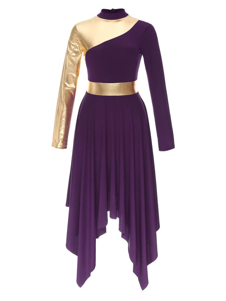 Women Slim Waist Party Gown Praise Liturgical Lyrical Dance Dress High Low Worship Costume Metallic Color Block Dress