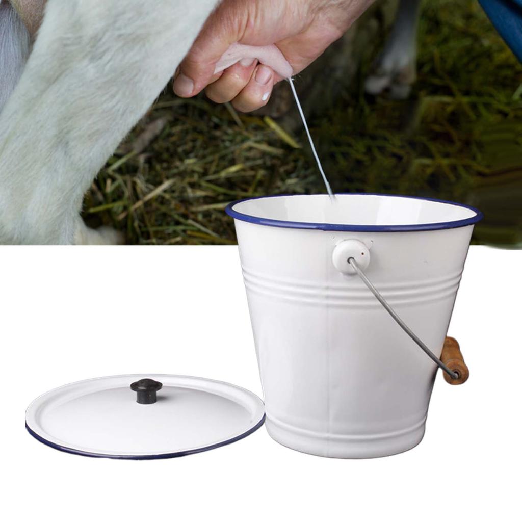 Enamel Bucket with Wood Handle Multiuse with Lid Pails for Garden Party Favors Water Oil Rice Outdoor Activities Organizing