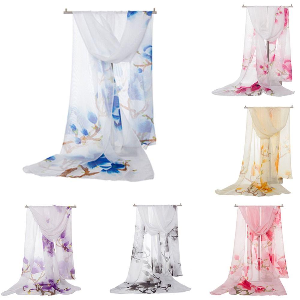 Flower Print Long Wrap Shawl 160*50cm Beach Gauze Scarf Elegant Shawl Silk for Women