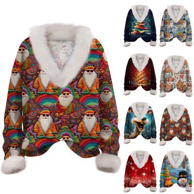 Женская мода повседневный рождественский принт с длинным рукавом и V-образным вырезом пуловер для волос