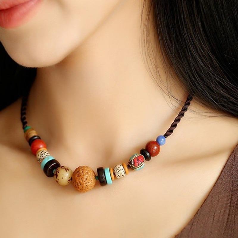 GEMCHIC Женское этническое многокаменное ожерелье из бодхи, винтажный ручной работы чокер из агарового дерева и бирюзы, дзен-искусственное украшение на ключицы