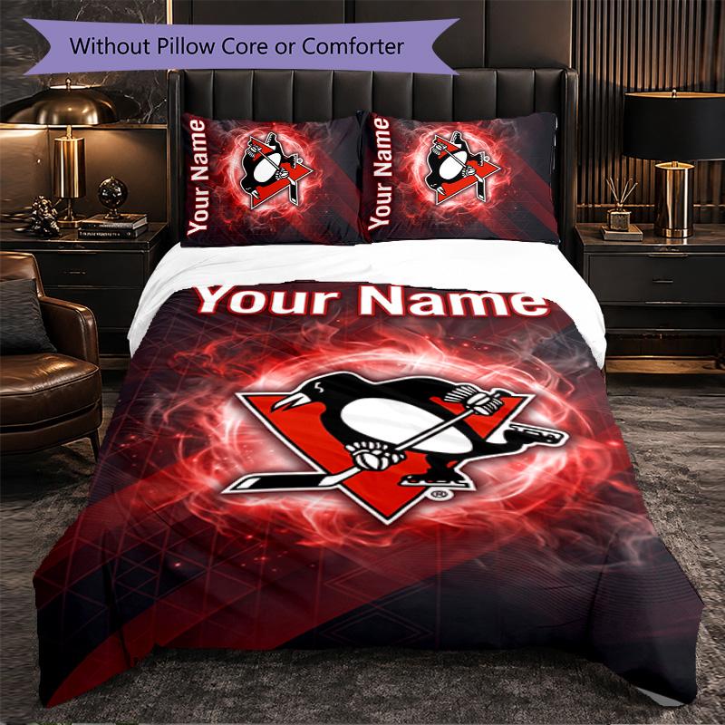 Постельное белье с индивидуальным именем Pittsburgh Penguins, 1 пододеяльник и 2 наволочки, персонализированный подарок для спальни
