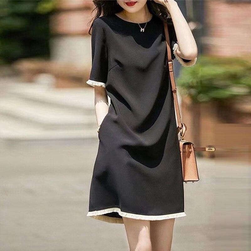 Черное платье во французском стиле для женщин с коротким рукавом, летняя мода, повседневное свободное платье до колена с круглым вырезом, однотонные платья Vestidos 25955