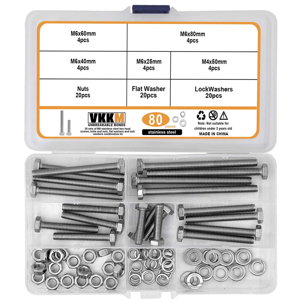 620pcs, 176pcs, and 80pcs of 304 Stainless Steel Outer Hexagon Bolts, Nuts, and Washer Sets.
