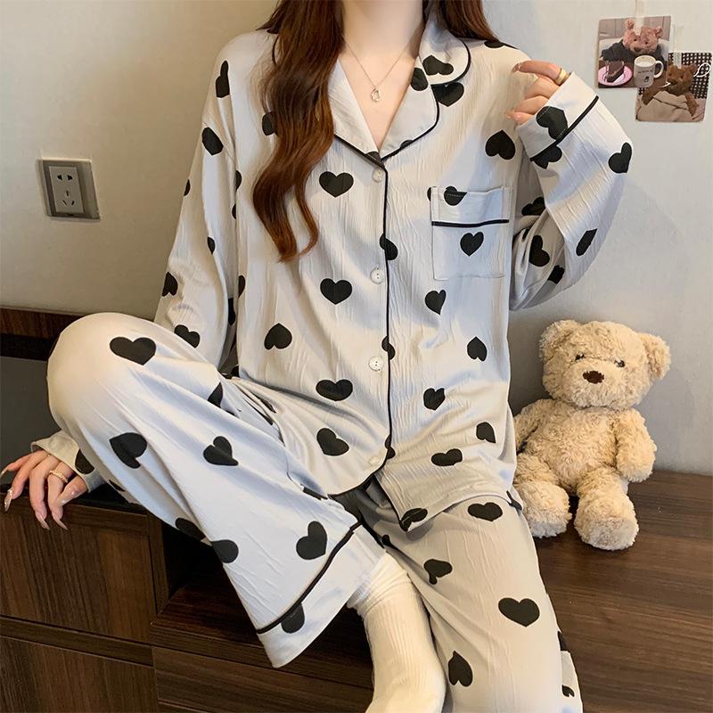 Весенне-осенний женский пижамный комплект для дома, пижама-кардиган с принтом "Любовь", пижама из жатой ткани, комплект с длинным рукавом