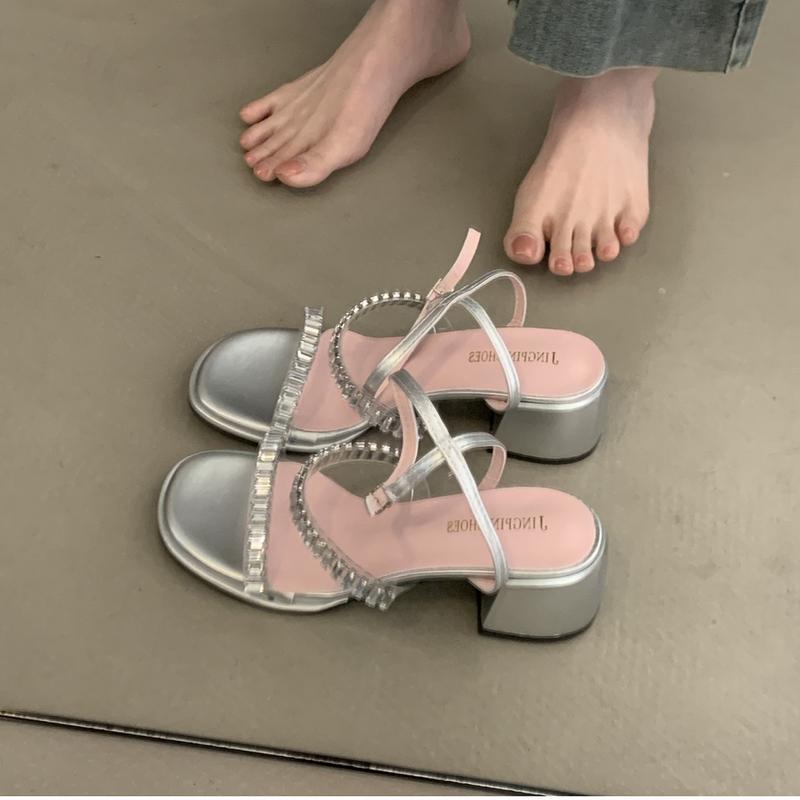 Fashion Women's Summer Gladiator Sandals Fashionable Crystal Narrow Band Footwear Ladies Thick Heel Sandalias