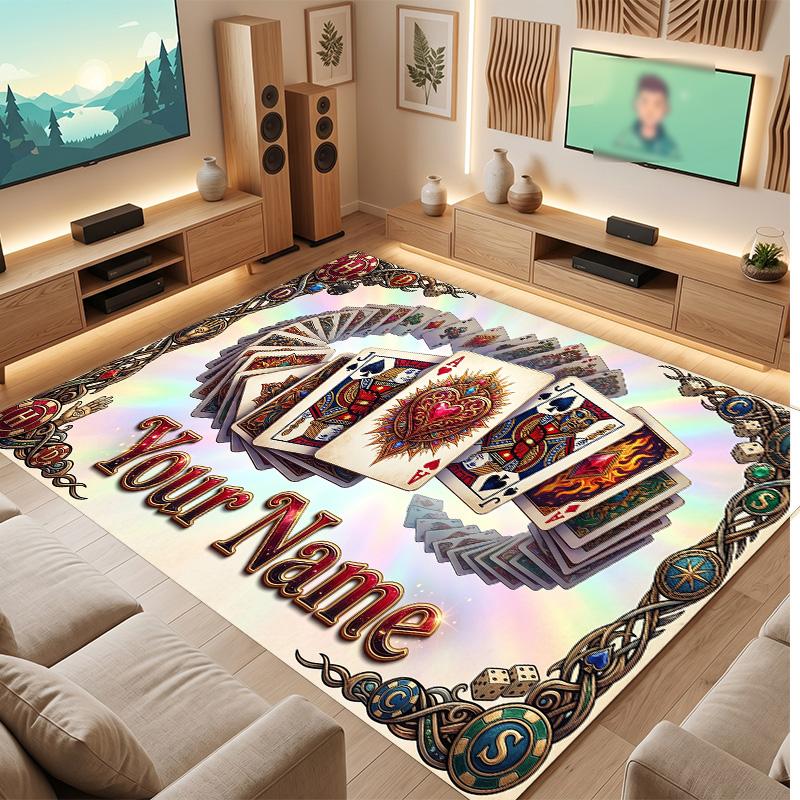Cards Casino Theme Soft Crystal Velvet Rug Custom Name & Text Print Non Slip Floor Rug for Bedroom Living Room