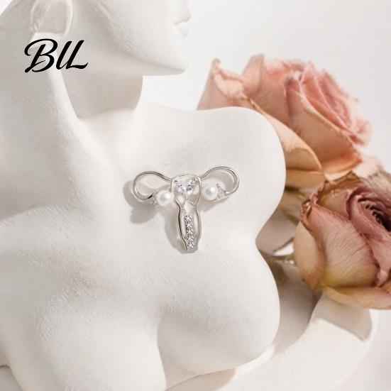 Golden Tone Brooch Uterus with Rhinestone Faux Pearl, Human Organ Lapel Pin, Female Accessory Hollow Shaped Jewelry for Coats Sweaters Scarves Body
