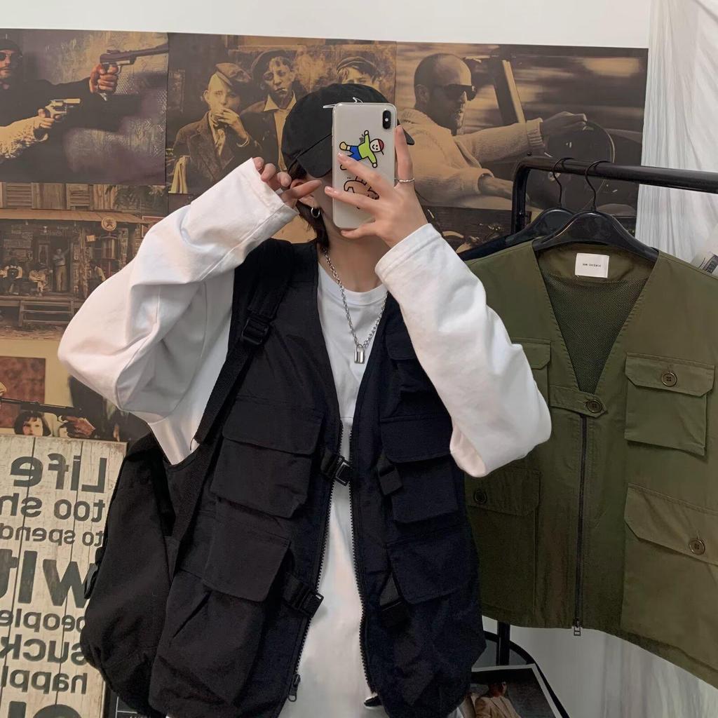 Мужской ретро японский уличный стиль жилет рабочей одежды с несколькими карманами, повседневный свободный крой, без рукавов, стиль национальной волны.