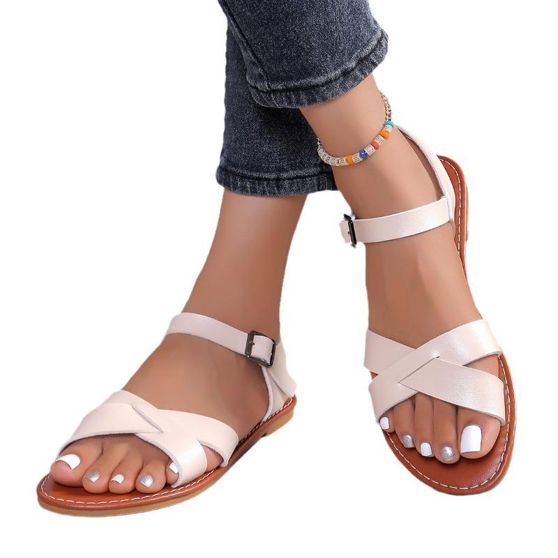 Large Size Flat Sandals Women Summer New Round Head Open Toe One Word Buckle Strap Outer Wear Sandals