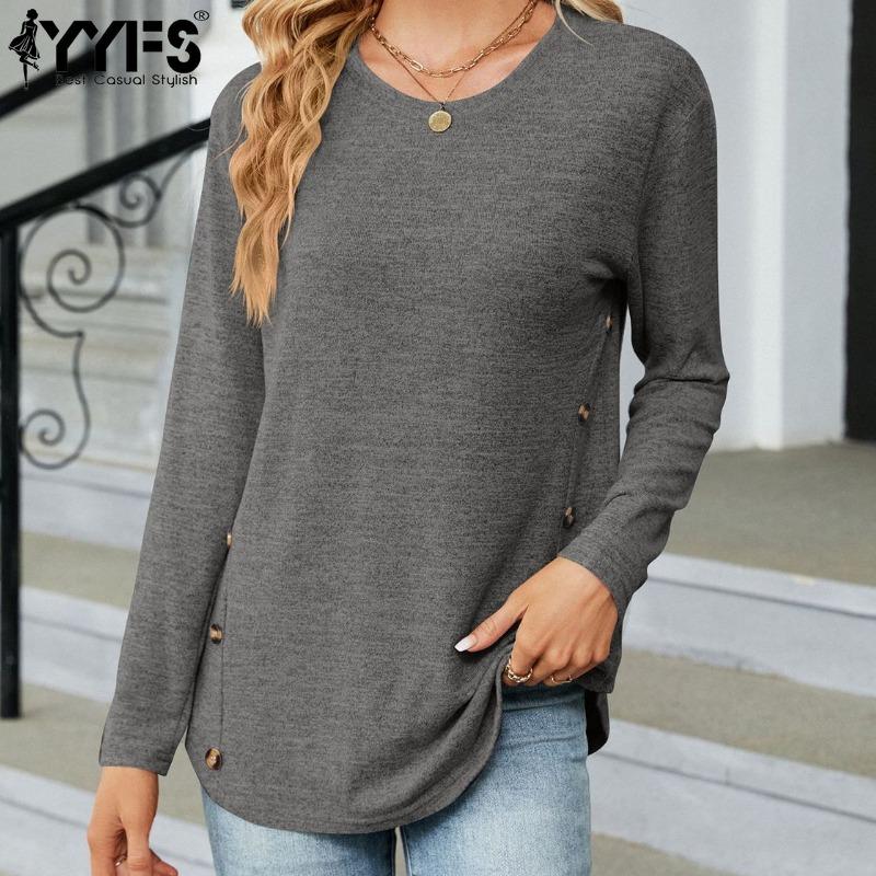 YYFS Women's Fashion Casual Spring Fall Solid Color Print Long Sleeve O-Neck Blouses & Shirts