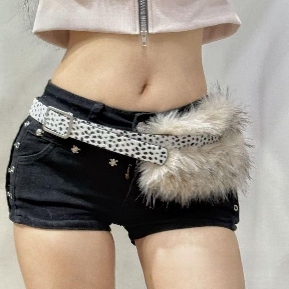 Faux Fur PU Leather Belt Leopard Y2K Waist Belt Sexy Vintage Waistband  Waist Accessory