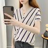 Летняя футболка с V-образным вырезом в корейском стиле, свободная, с рукавами летучая мышь, в полоску, из ледяного шелка, женская повседневная тонкая трикотажная майка
