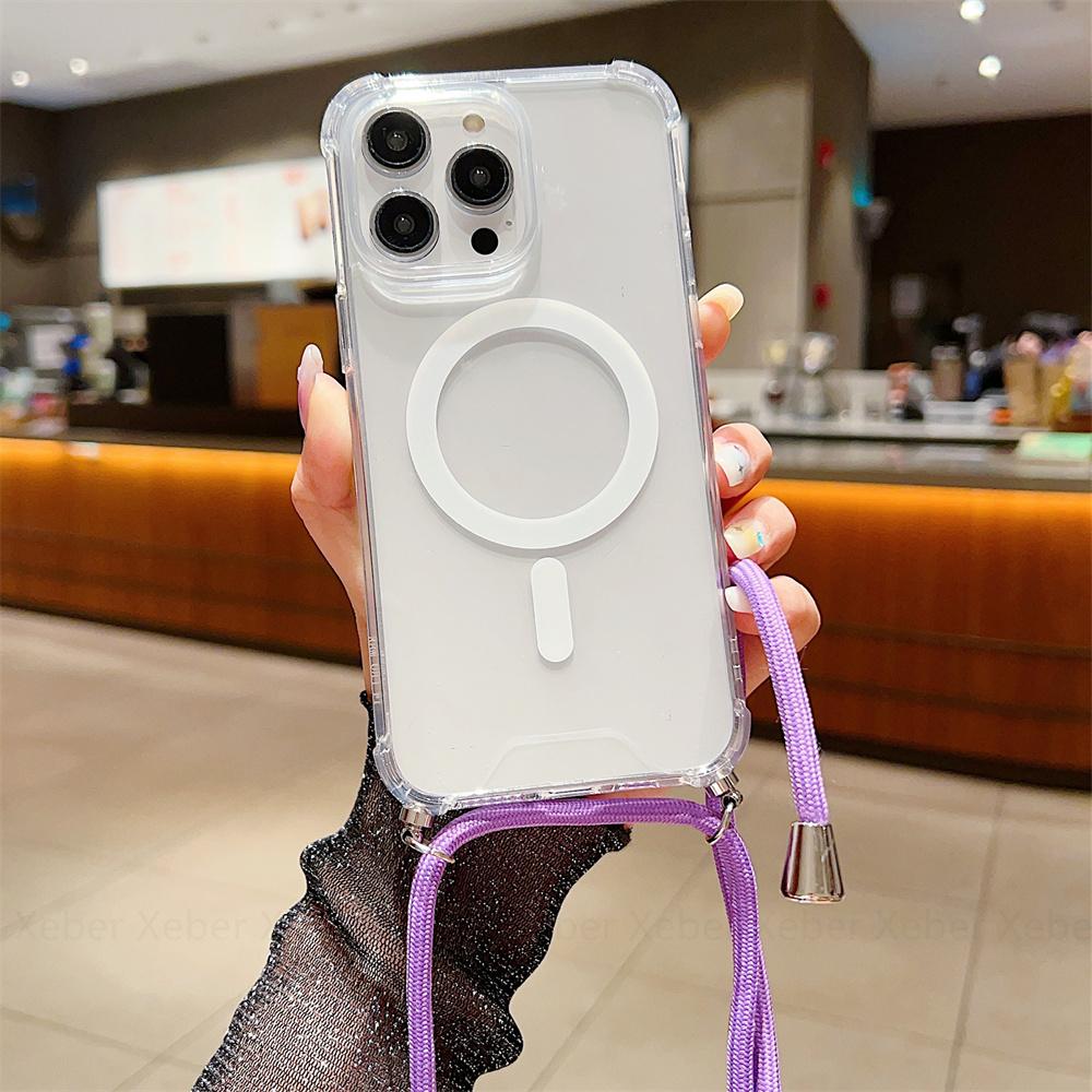 Ремешок через плечо для Magsafe, магнитный чехол с беспроводной зарядкой для iPhone 11 12 13 14 15 Pro Max X XR XS 7 8 Plus SE, прозрачный чехол