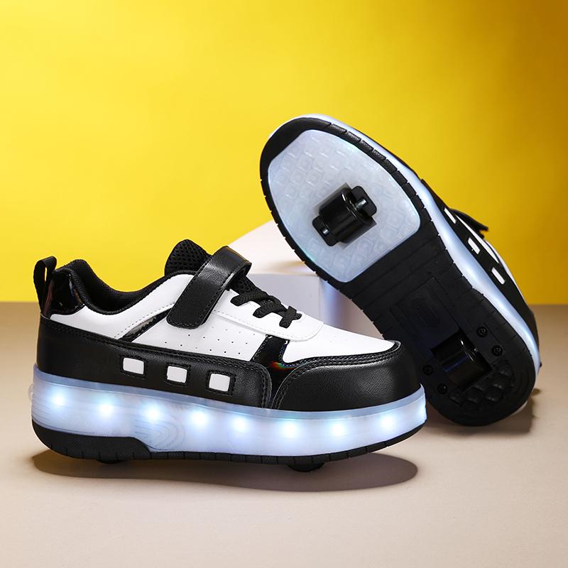 Светящиеся кроссовки для мальчиков Спортивная обувь Обувь для трения Твердая волшебная заплатка Может заряжаться Двухрядные скользящие тапочки с колесами