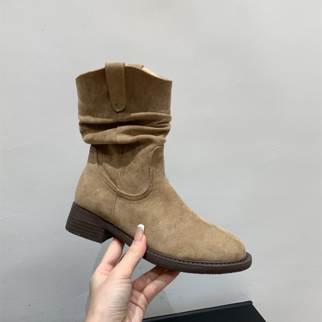 Ботильоны средней высоты с толстой подошвой и V-образным вырезом женская обувь 2025 весна-осень одинарные ботинки западные ковбойские ботильоны на меху ботинки Мартин