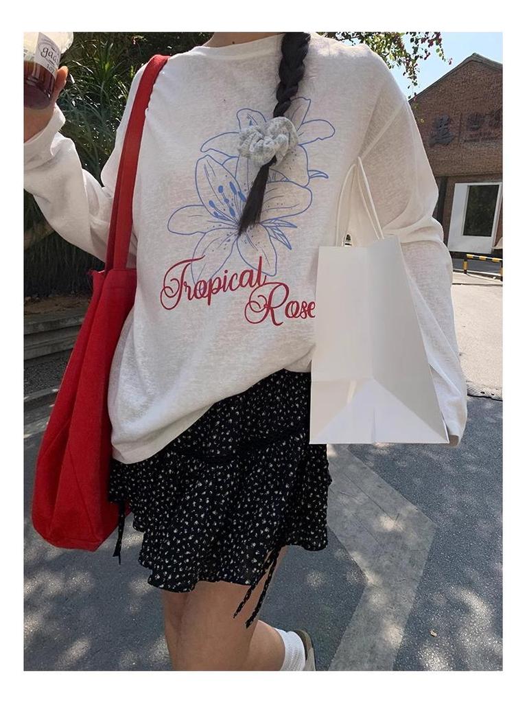 Женская повседневная футболка с длинным рукавом и круглым вырезом с принтом - Приталенная, Защита от солнца, Свободный крой, Белая летняя накидка.