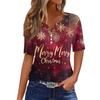 Женская футболка с рождественским принтом, на пуговицах, с коротким рукавом, повседневная, для выходных, модная, базовая, с V-образным вырезом, обычная