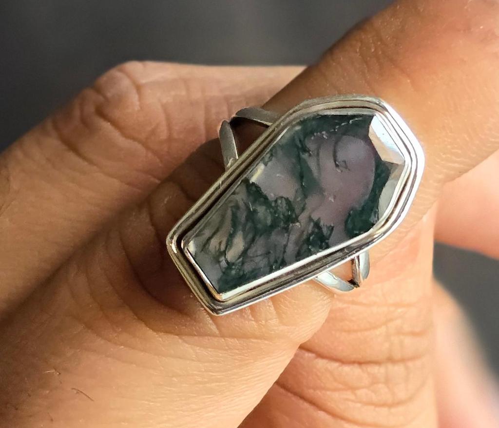 Coffin Ring, Moss Agate Ring, 925 Sterling Solid Silver Ring, Handmade Jewelry, Boho Ring, Green Gemstone Ring, Statement Ring, Promise Ring