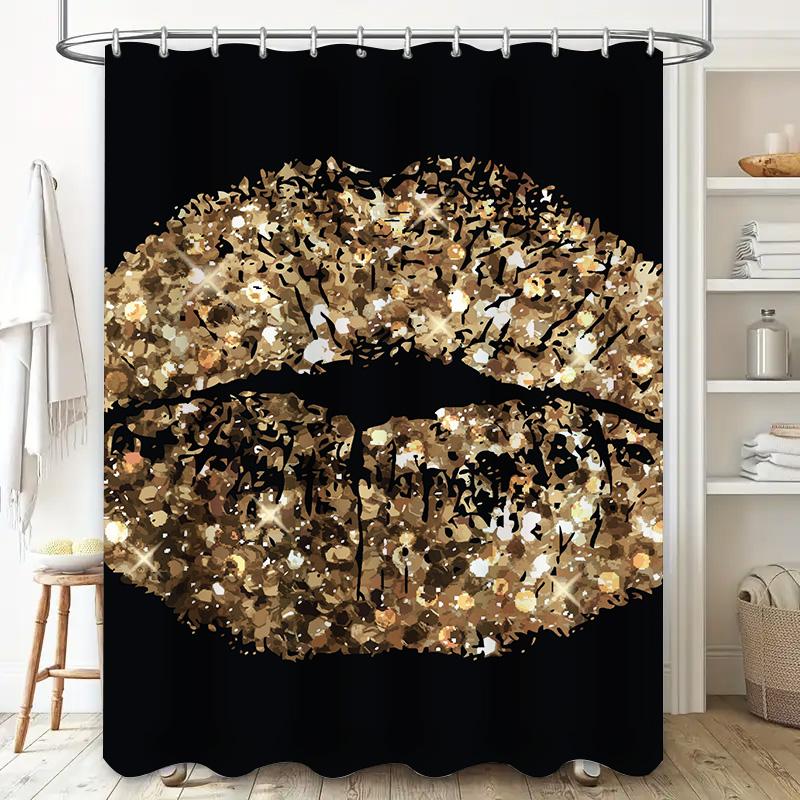 Gold Glitter Lip Print Shower Curtain Decorative Bath Liner For Home Bathroom 3D Printed Water Resistant Fabric Black Backgrou