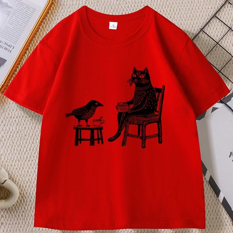 Coffee and Tea with Friends Graphic TShirt Unisex Women Funny Hipster Animal Drawing T Shirt Unique Cat Bird Tshirts Streetwear