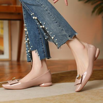 Телесно-розовые элегантные темпераментные туфли-лодочки женские на плоской подошве с маленьким толстым каблуком, со стразами и квадратным носком, для улицы, весна и осень