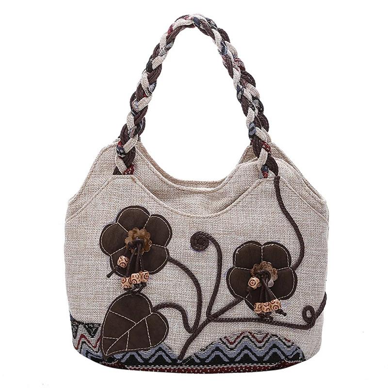 Yogodlns Модная женская сумка-тоут с цветочным принтом в национальном стиле, льняная сумка среднего возраста с верхней ручкой, дорожная женская сумка
