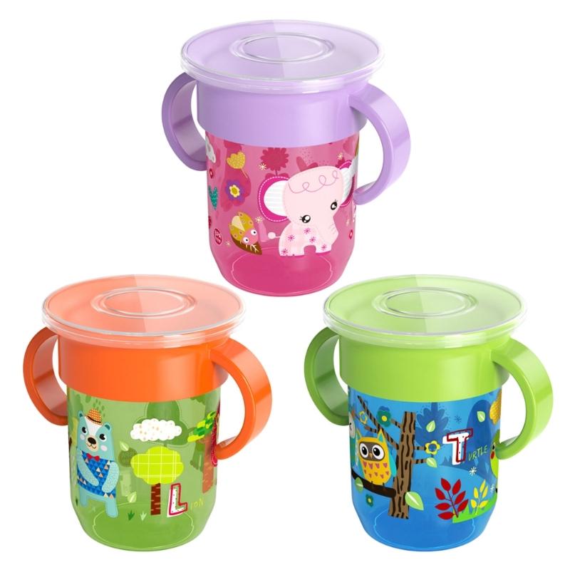 Baby Sip Cup with 360Degree Rotating Lid Portable Easy Grip Handle Leakproof Cup Learning Drink Water Bottle